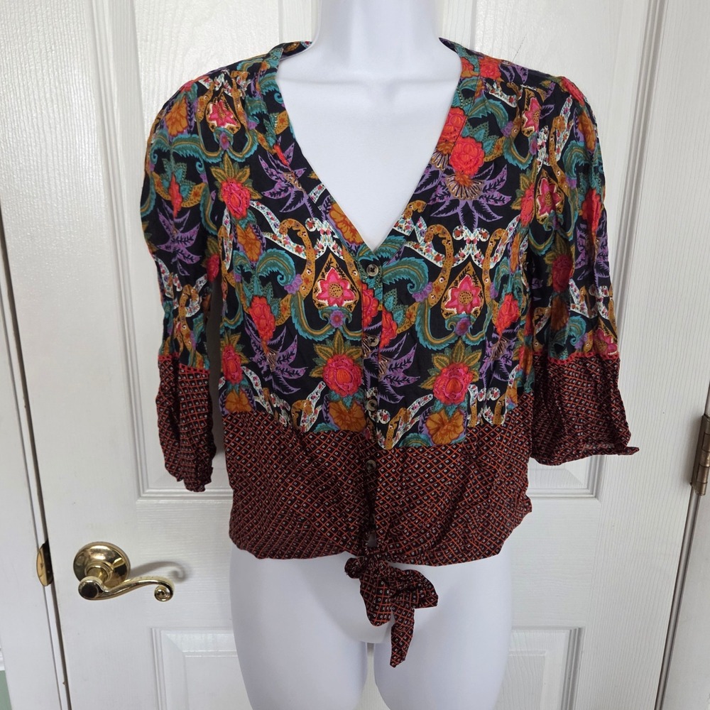 Maeve Anthropologie Floral Geometric Mixed Print Tie Front Blouse V-Neck Size 2